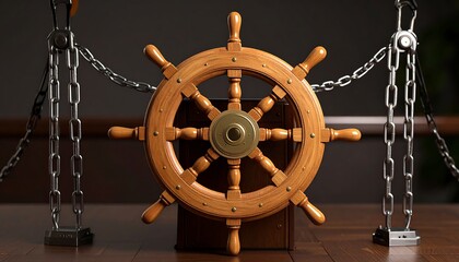Obraz premium Wooden ship's wheel, chains