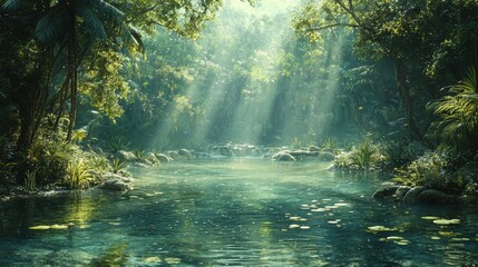 Sunlit River in Lush Green Jungle