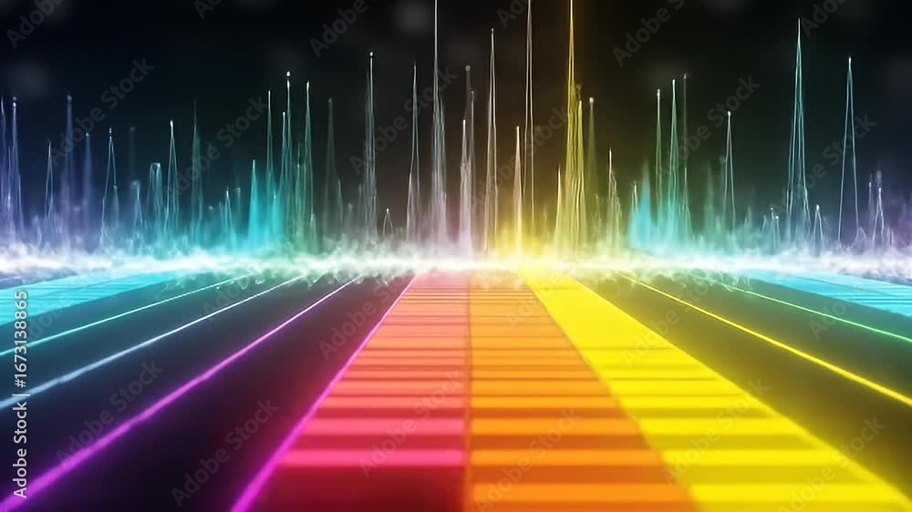 Poster audio spectrum visualization with colorful light rays pulsing and moving on dark background