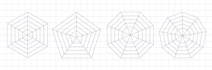 Flat spider radar chart template including pentagon hexagon and heptagon shapes. Blank Kiviat diagram for data analysis. Vector mesh graph for statistics. Isolated infographic on white