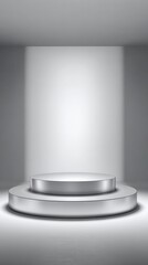 Stunning photo of background podium 3D light white and chrome platform stage product abstract. Scene background 3D podium metallic pedestal room glow studio empty stand floor.