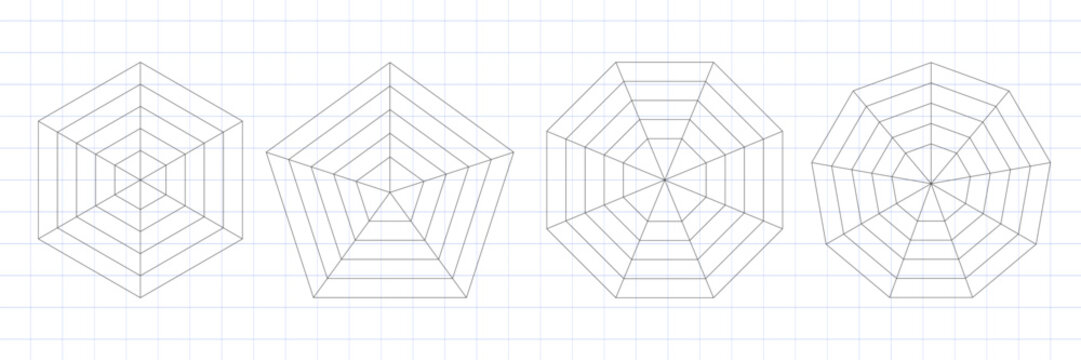 Flat spider radar chart template including pentagon hexagon and heptagon shapes. Blank Kiviat diagram for data analysis. Vector mesh graph for statistics. Isolated infographic on white