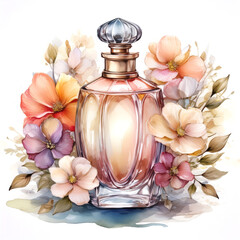 Abstract art colorful watercolor painting of Perfume bottle with flowers still life arrangement art Hand painted brush stroke on white paper texture wallpaper background.