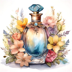 Abstract art colorful watercolor painting of Perfume bottle with flowers still life arrangement art Hand painted brush stroke on white paper texture wallpaper background.