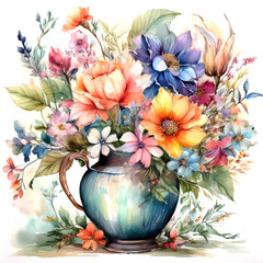 Abstract art colorful watercolor painting of Vase with beautiful bouquet of colorful flowers in still life painting art Hand painted brush stroke on white paper texture wallpaper background.