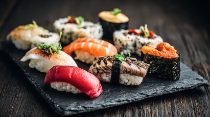 Assorted Sushi Pieces on Black Slate Plate in Close Up