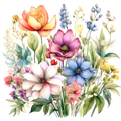 Abstract art colorful watercolor painting of Bouquet of colorful flowers on white background art Hand painted brush stroke on white paper texture wallpaper background.