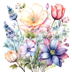 Abstract art colorful watercolor painting of Bouquet of colorful flowers on white background art Hand painted brush stroke on white paper texture wallpaper background.