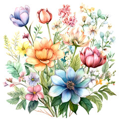 Abstract art colorful watercolor painting of Bouquet of colorful flowers on white background art Hand painted brush stroke on white paper texture wallpaper background.