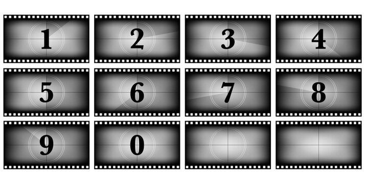 Movie countdown timer background set in 16x9 format. Vintage filmstrip numbers with retro frame design. Classic cinema screen intro animation for video presentation or motion picture project