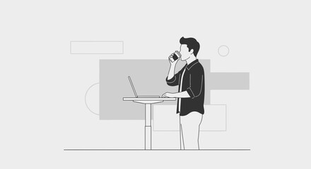 Modern Professional Taking A Break, Enjoying Coffee During A Workday, Simplistic Design