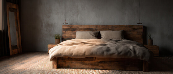 Cozy rustic bedroom with wooden bed and vintage decor