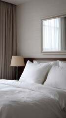 Cozy hotel suite bedroom with clean white bedspread and soft lighting