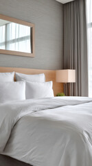 Modern hotel suite bedroom with clean white bedspread and soft lighting