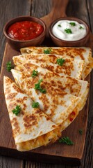 Stunning photo of mexican Quesadillas with Cheese and Sauce on Rustic Wooden Board.
