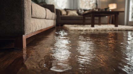 Stunning photo of close-up of a flooded living room floor from a water leak, highlighting the damage to furniture and flooring.