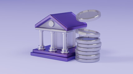 보라색 지붕 은행 건물과 쌓이고 있는 실버 동전