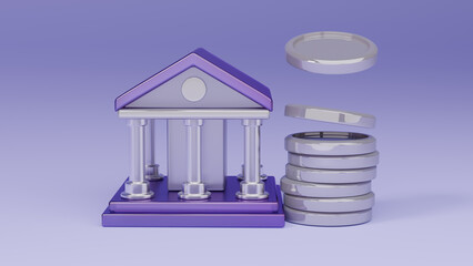 보라색 지붕 은행 건물과 쌓이고 있는 실버 동전