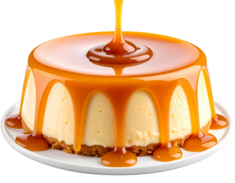Close-up of caramel custard pudding featuring flowing caramel sauce dripping over the edge PNG