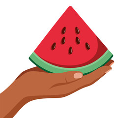 Flat vector illustration of a human hand with brown skin tone holding a watermelon piece isolated on white, great for fruit, summer, and food related designs
