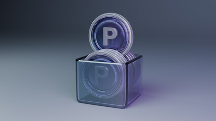 반투명 광택나는 플라스틱 박스에 담겨 있는 보라색 스틸 이벤트 동전