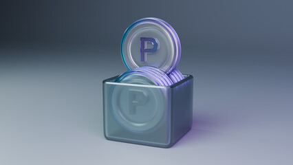 반투명 광택나는 플라스틱 박스에 담겨 있는 보라색 스틸 이벤트 동전