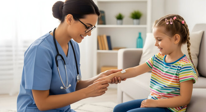 A smiling female nurse gently applies a bandage to a little girl's arm during a home healthcare visit, providing compassionate care and comfort.