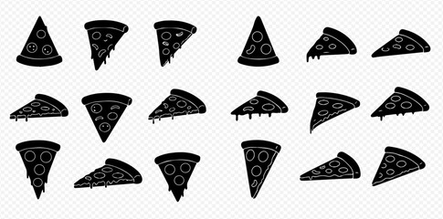 Multiple black pizza slices with pepperoni and cheese, some with dripping cheese, arranged on a transparent background.