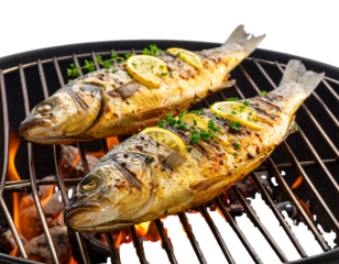Fresh Whole Fish Grilled on Barbecue Grates with Grill Marks, Isolated on Transparent Background PNG