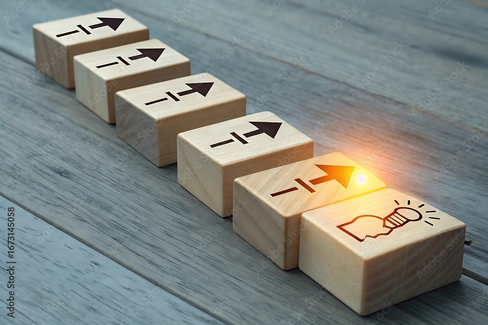 Aufkleber wooden blocks with arrow icons leading to a glowing lightbulb symbolizing innovation and progress id