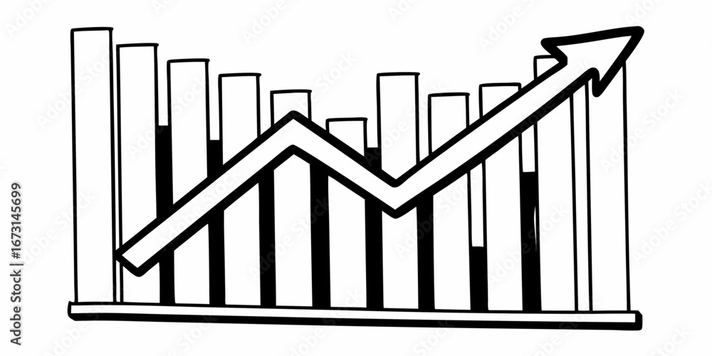 Poster illustration of a bar graph showing an upward trend with an arrow indicating growth and progress