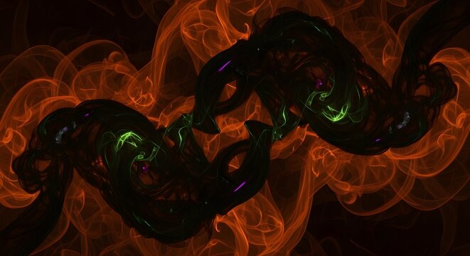 Abstract fractal art with swirling orange and black smoke-like patterns.
