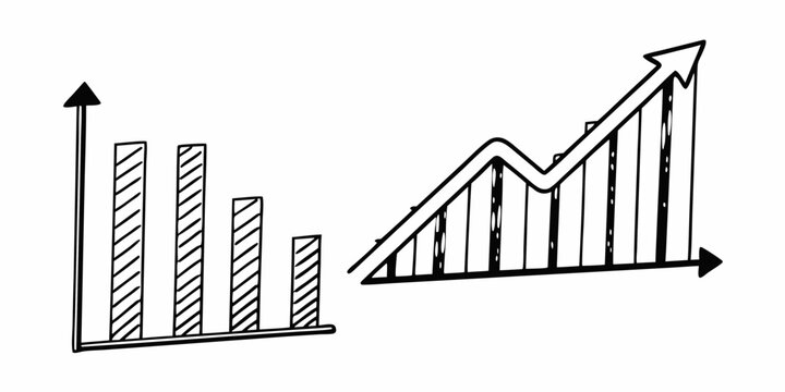 Hand drawn illustration of two bar graphs showing a decline and then an increase in data trends shown