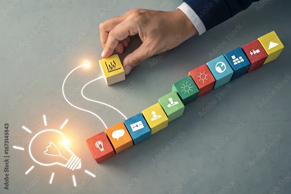 Aufkleber hand placing a wooden block with a graph icon connecting to a lightbulb idea symbol innovation creat