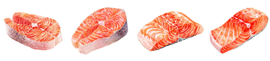 Exquisite Watercolor Salmon Steaks Isolated PNG Set Transparent Background, Fresh Food Art for Culinary Marketing and Design