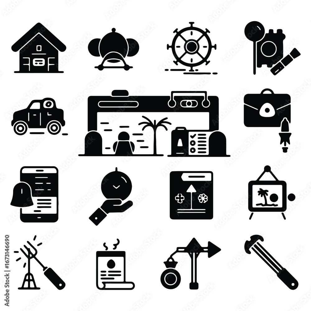 Poster collection of diverse minimalist vector icons symbolizing various aspects of life and technology in 