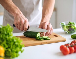Man slicing cucumber in kitchen