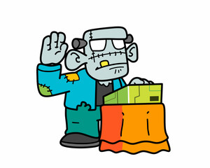 Frankenstein playing DJ tools on halloween party night in flat cartoon style. Halloween spooky monster character illustration. Funny cartoon for sticker, icon, mascot, invitation, decoration