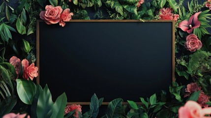 Stylish black and white sign with floral and leafy embellishment.