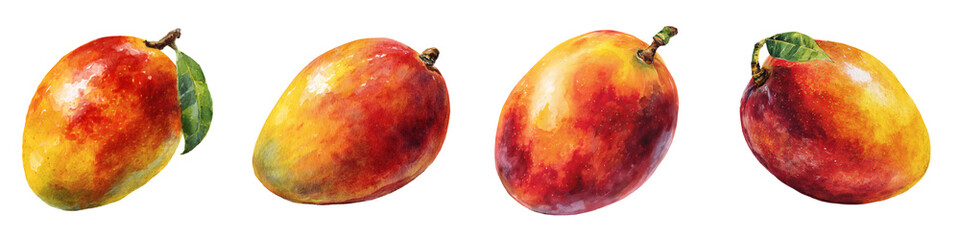 Obraz premium Vibrant Watercolor Mangoes: A Set of Four Exotic Fruits, Perfect for Tropical Designs, PNG Set Transparent background