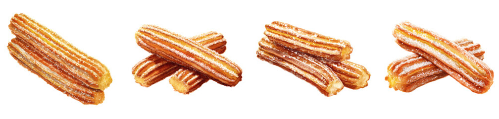 Delicious Crispy Churros Sprinkled with Sugar and Cinnamon, Isolated PNG set Transparent backround