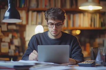 Young man working in the office on paper work, holding a calculator and processing data, bills, and documents online via laptop, Generative AI