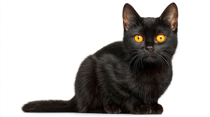 Black Cat Sitting with Bright Orange Eyes on White Background