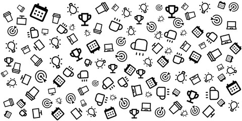Business Technology Icon Pattern Background with Trophy, Calendar, Light Bulb, Laptop and Creative Symbols