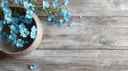 Obraz premium Top view of white wooden table with empty center, scattered light blue flowers on edges, minimal floral composition, clean and realistic table setting, empty space for design or decoration