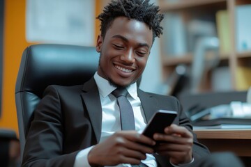 Relaxed and smiling young man in a business suit sits in a chair at a desk in the office, looking at the screen of the phone he is holding in his hands, Generative AI