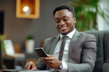 Relaxed and smiling young man in a business suit sits in a chair at a desk in the office, looking at the screen of the phone he is holding in his hands, Generative AI