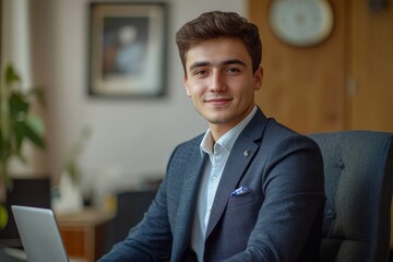 Smiling young man businessman in a business suit sits and works in the office on a laptop online, texts, chats with partners, clients, Generative AI