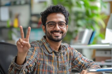 Happy Indian man working in the office, sitting at the desk, holding a mobile phone and enjoying success showing a victory gesture with his hand, Generative AI