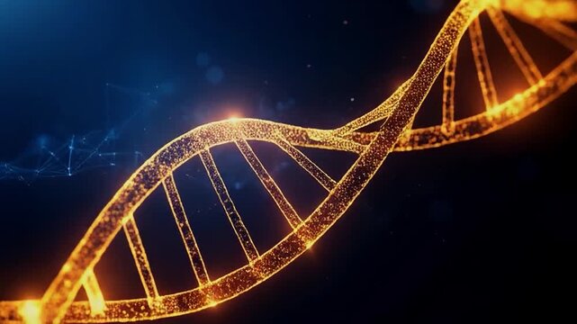 3D animation of a glowing DNA helix slowly rotating in space. The double-stranded molecule consists of shimmering particles and bright lines on a dark futuristic background with subtle connections. Th